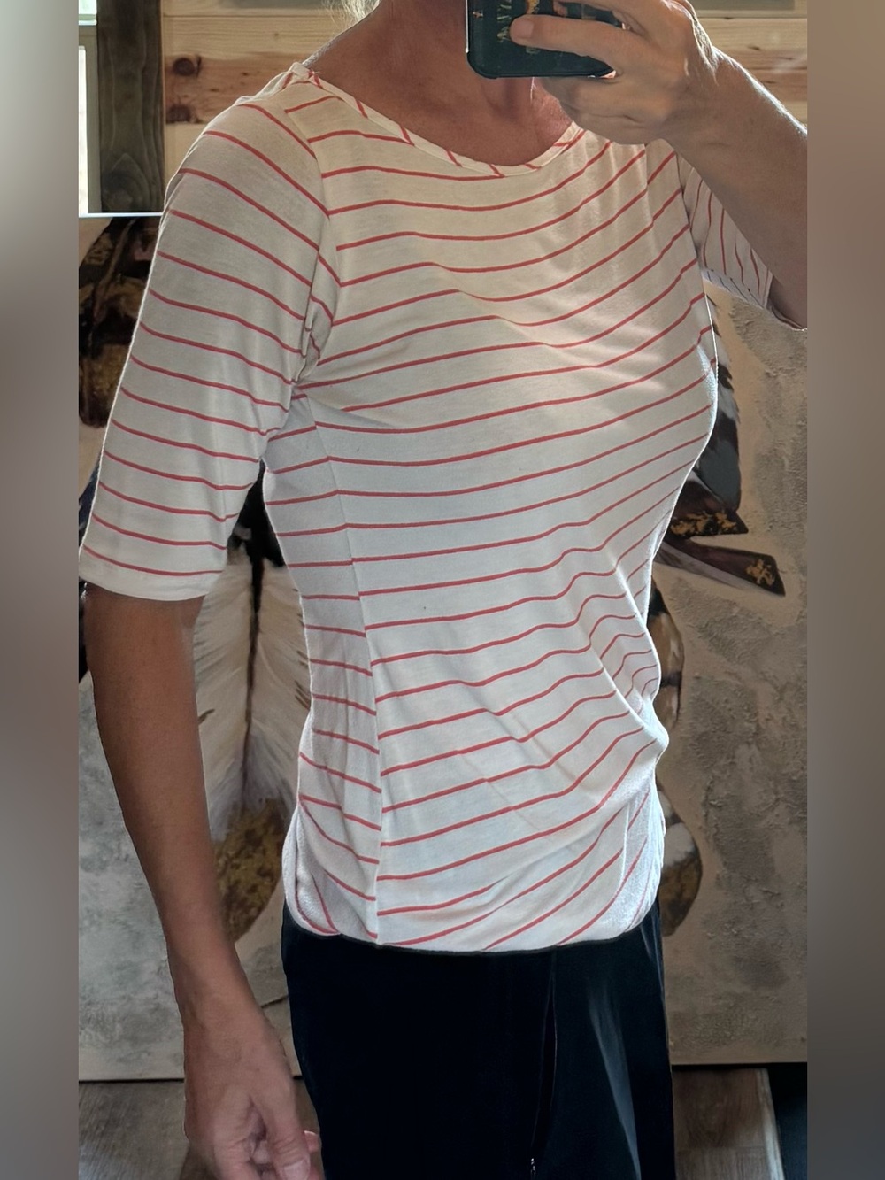 White Top with Coral Stripes - Short Sleeve